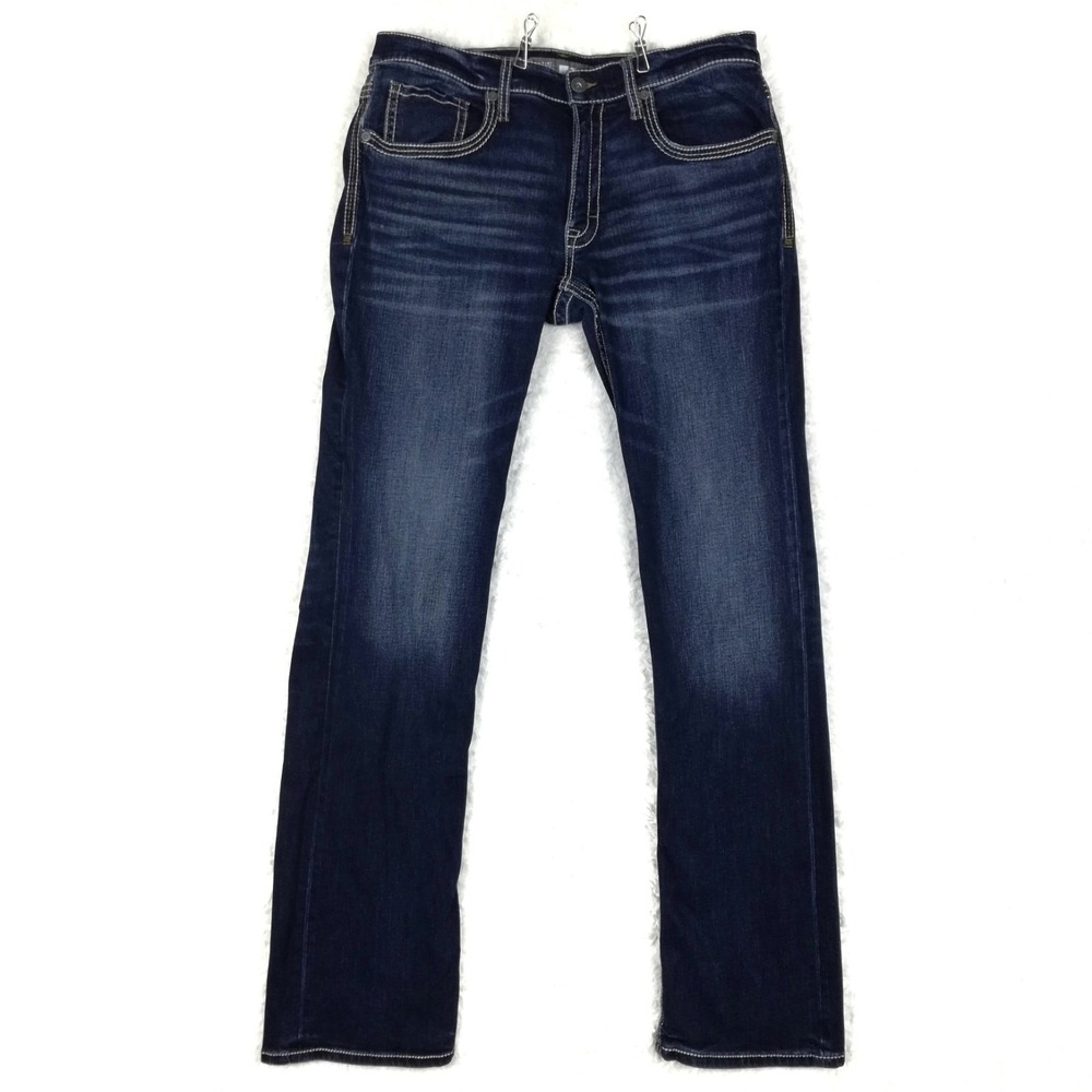 BKE Mens Jeans Jake Boot Leg Blue Denim Dark Wash Whiskering 36 XXL